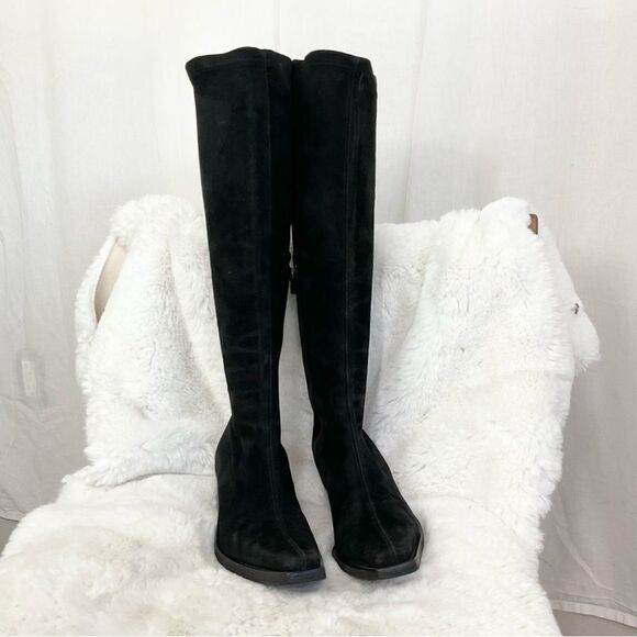 Ann Demeulemeester Suede Leather Square Toe Block Heel Knee High Boots Black 35 - Picture 5 of 15